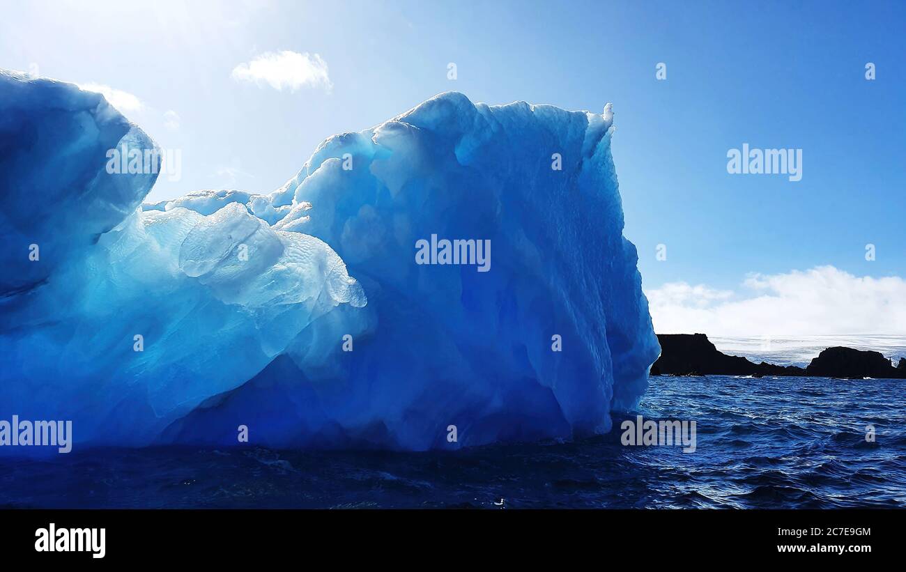 Eisgekühlte blaue Eisberge, die im dunklen antarktischen Ozeanwasser unter blauem Himmel mit dunklen Felsen im Hintergrund schwimmen Stockfoto
