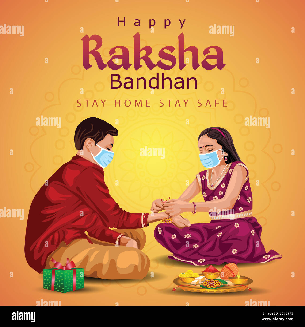 Indischer Bruder und Schwester tragen chirurgische Maske. Happy Raksha Bandhan Festival. Rakhi Feier in indien Vektor-Illustration. Covid-19 Corona-Virus Stock Vektor