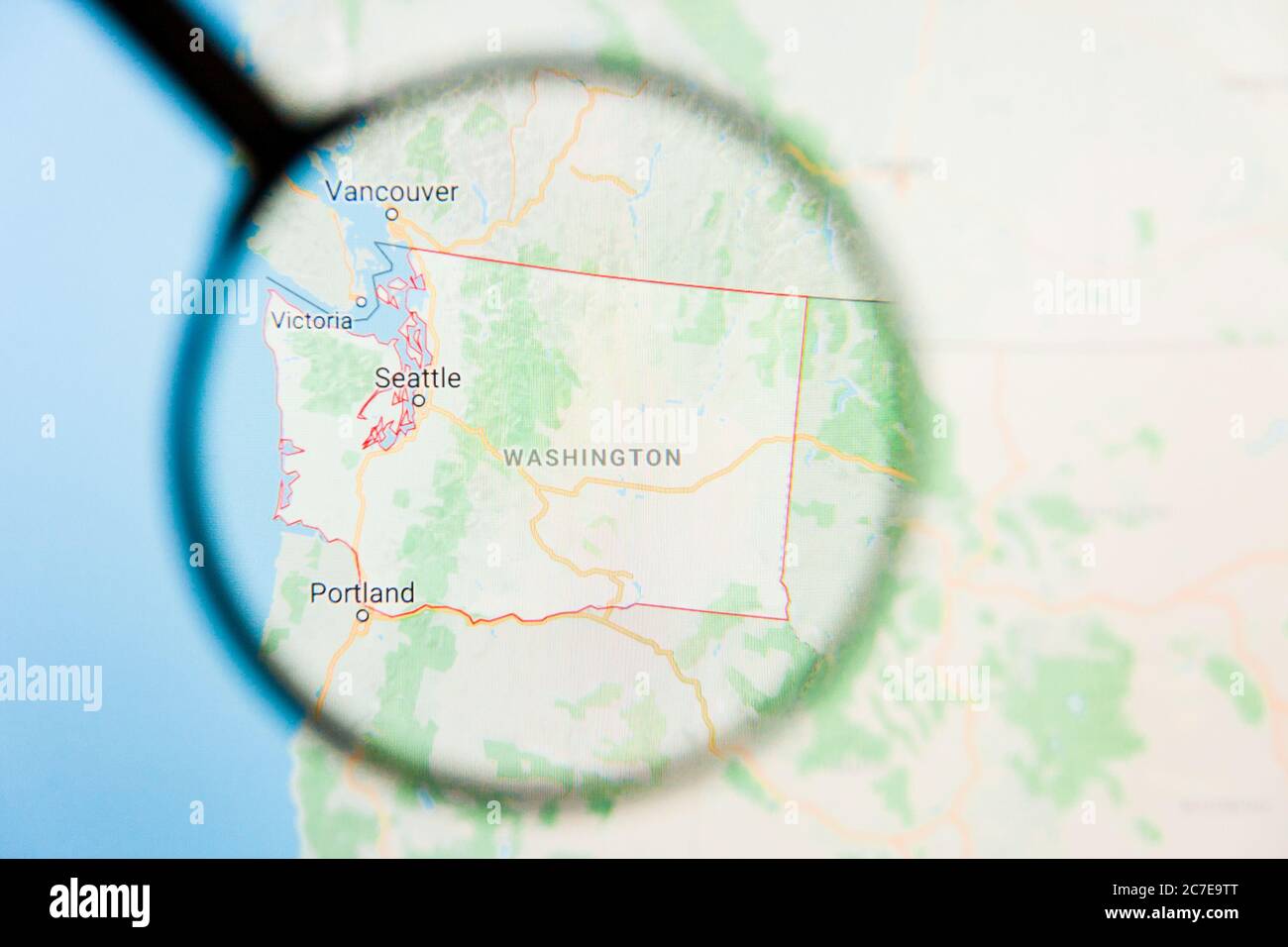 Los Angeles, California, USA - 15. März 2019: Washington, WA State of America Visualisierung illustratives Konzept auf dem Bildschirm durch Vergrößerungen Stockfoto