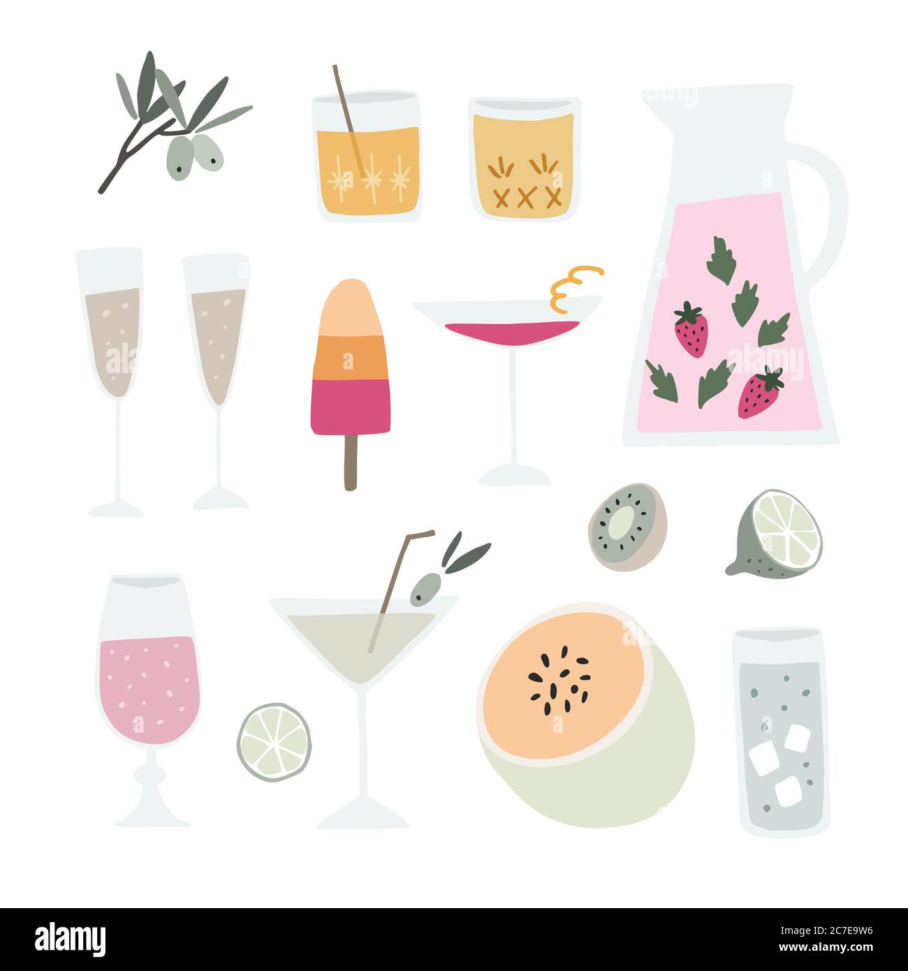 Sammlung von handgezeichneten alkoholischen Getränken, Cocktails und Obst. Sommerurlaub, Strandparty und Feier. Isoliertes Vektorobjekt, Symbole. Flach Stock Vektor