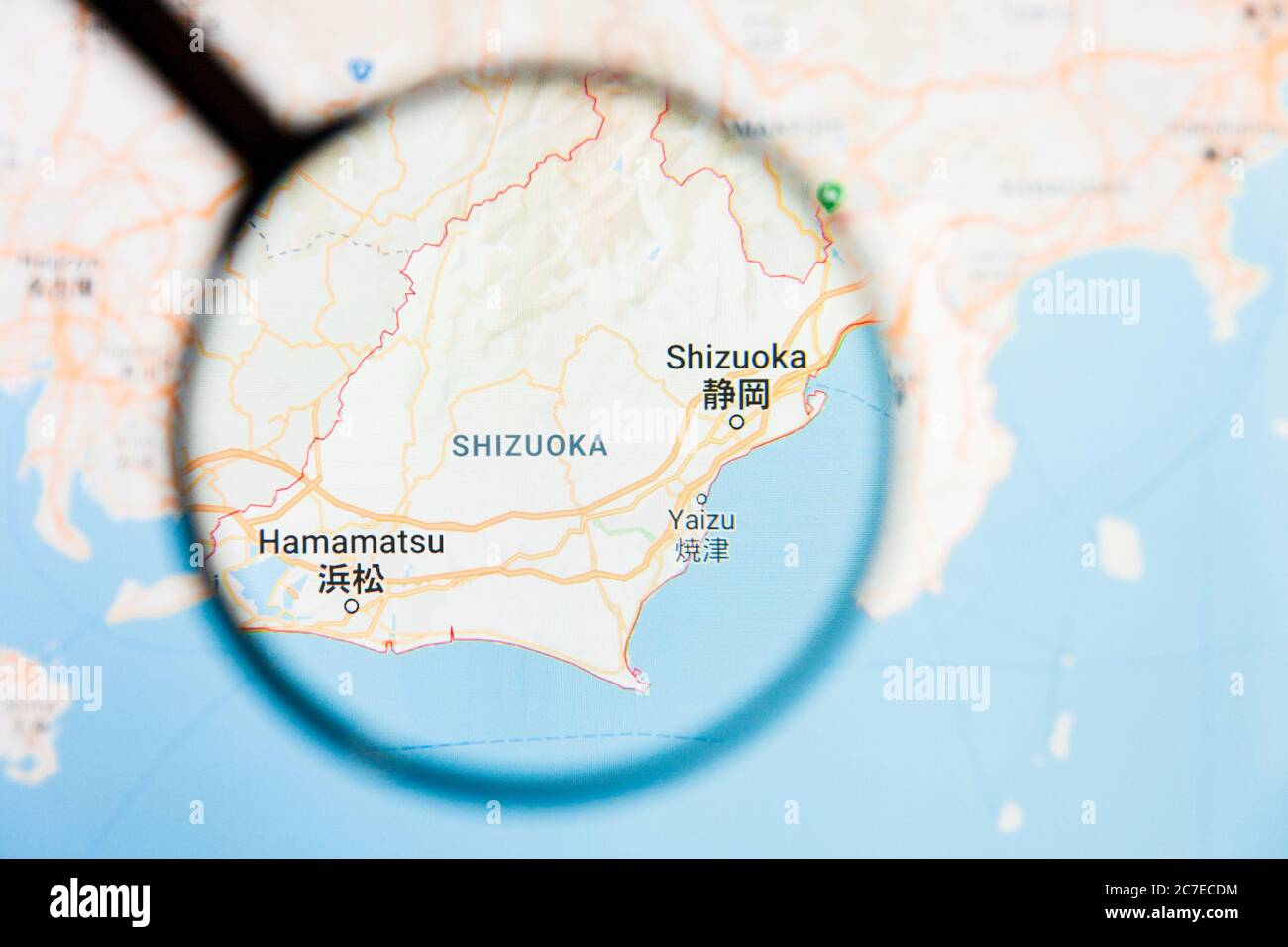 Shizuoka, Japan Stadt Visualisierung illustrative Konzept auf Display-Bildschirm durch Lupe Stockfoto