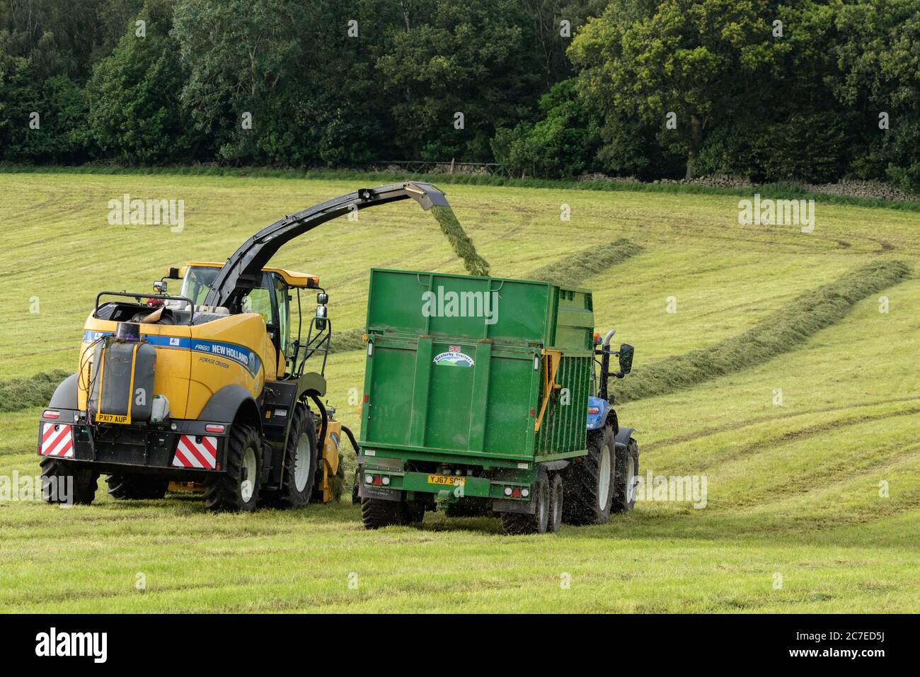 Landwirtschaftliche Fahrzeuge sammeln Silage auf einem Yorkshire-Bauernhof in England, Großbritannien Stockfoto