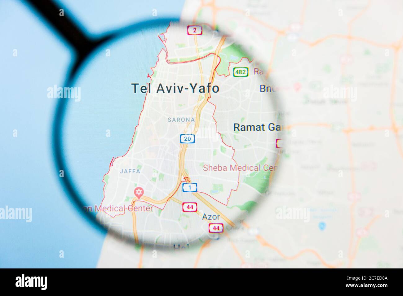 Tel Aviv, Israel Stadt Visualisierung illustrative Konzept auf Bildschirm durch Lupe Stockfoto