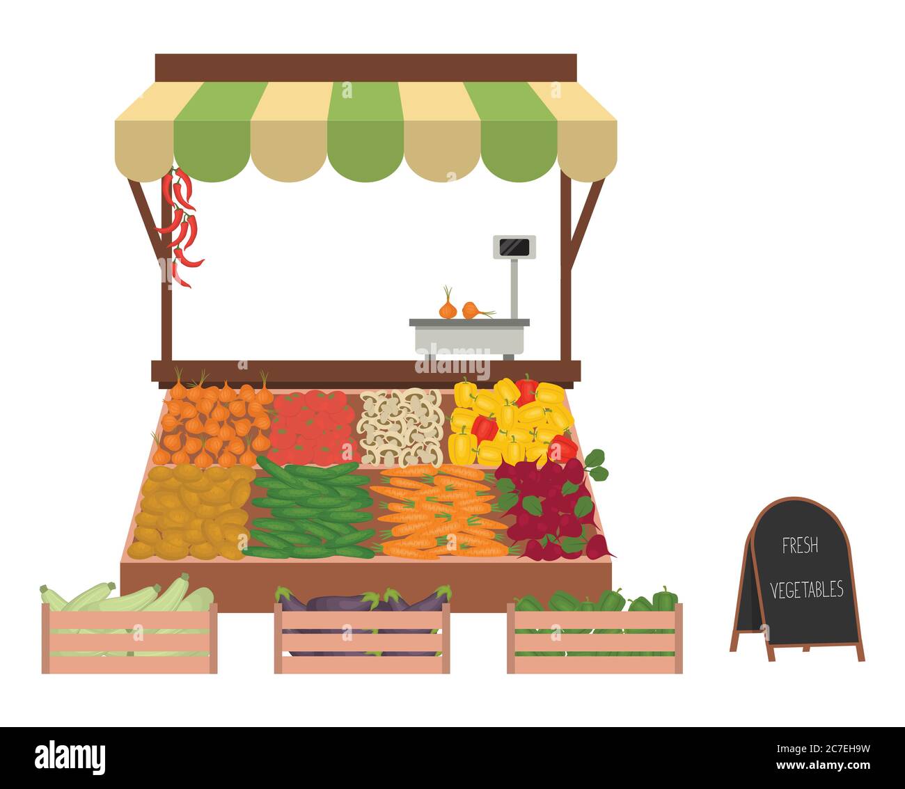 Tablett mit Gemüse auf dem Markt. Arbeitsplatz des Marktverkäufers. Es gibt Schuppen und Waren: Gurken, Zwiebeln, Karotten, Auberginen, Zucchini, Perren Stock Vektor
