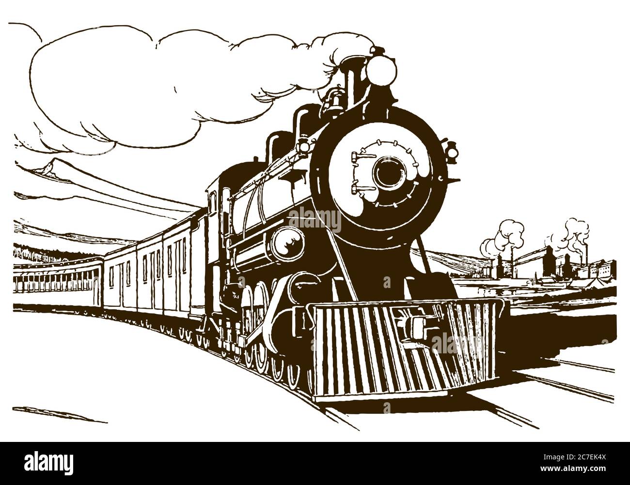 Klassische Dampflokomotive aus dem frühen 20. Jahrhundert, die mehrere Eisenbahnwaggons durch eine Landschaft zieht Stock Vektor