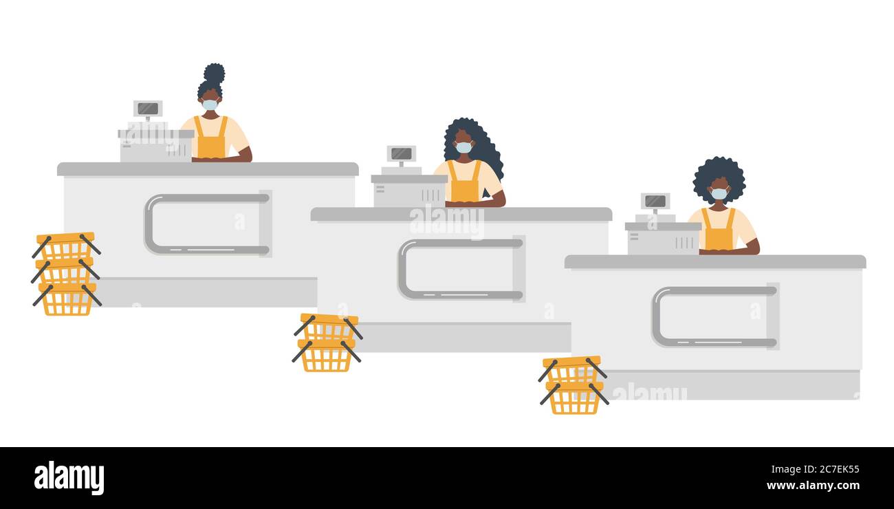 Supermarkt Kassierer während Coronovirus-Epidemie. Junge schwarze Frauen in einer medizinischen Maske sitzen hinter einer Kasse Stock Vektor
