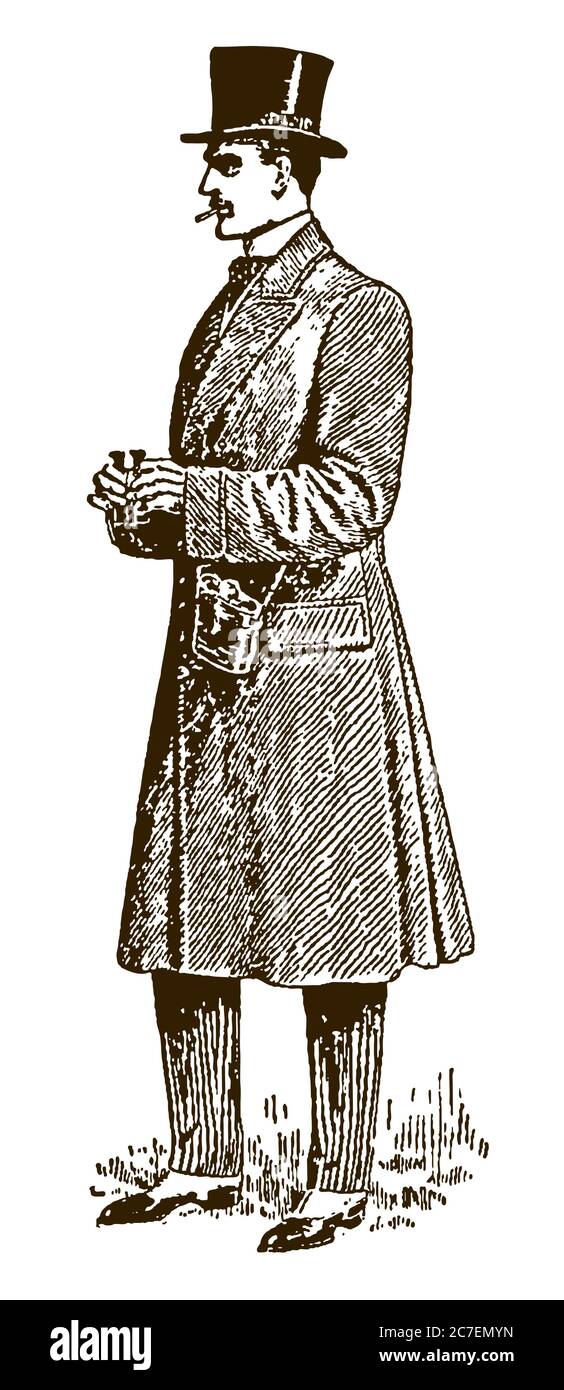Rauchende Gentleman aus dem frühen 20. Jahrhundert mit Zylinderhut, Gamaschen und langem Mantel und einem Fernglas in den Händen Stock Vektor