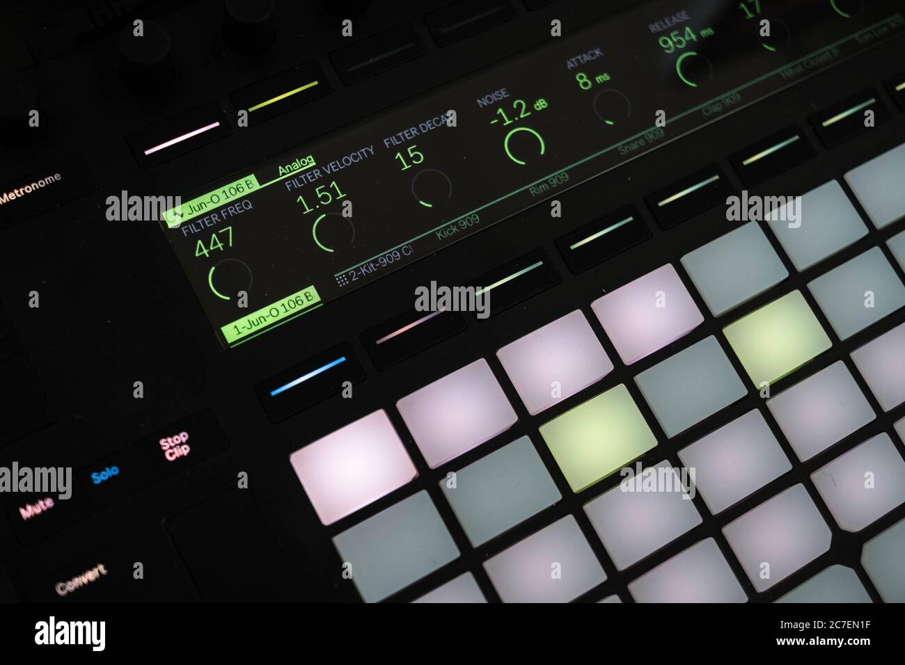 Nahaufnahme des eingeschaltetem Trommelbelags Stockfoto