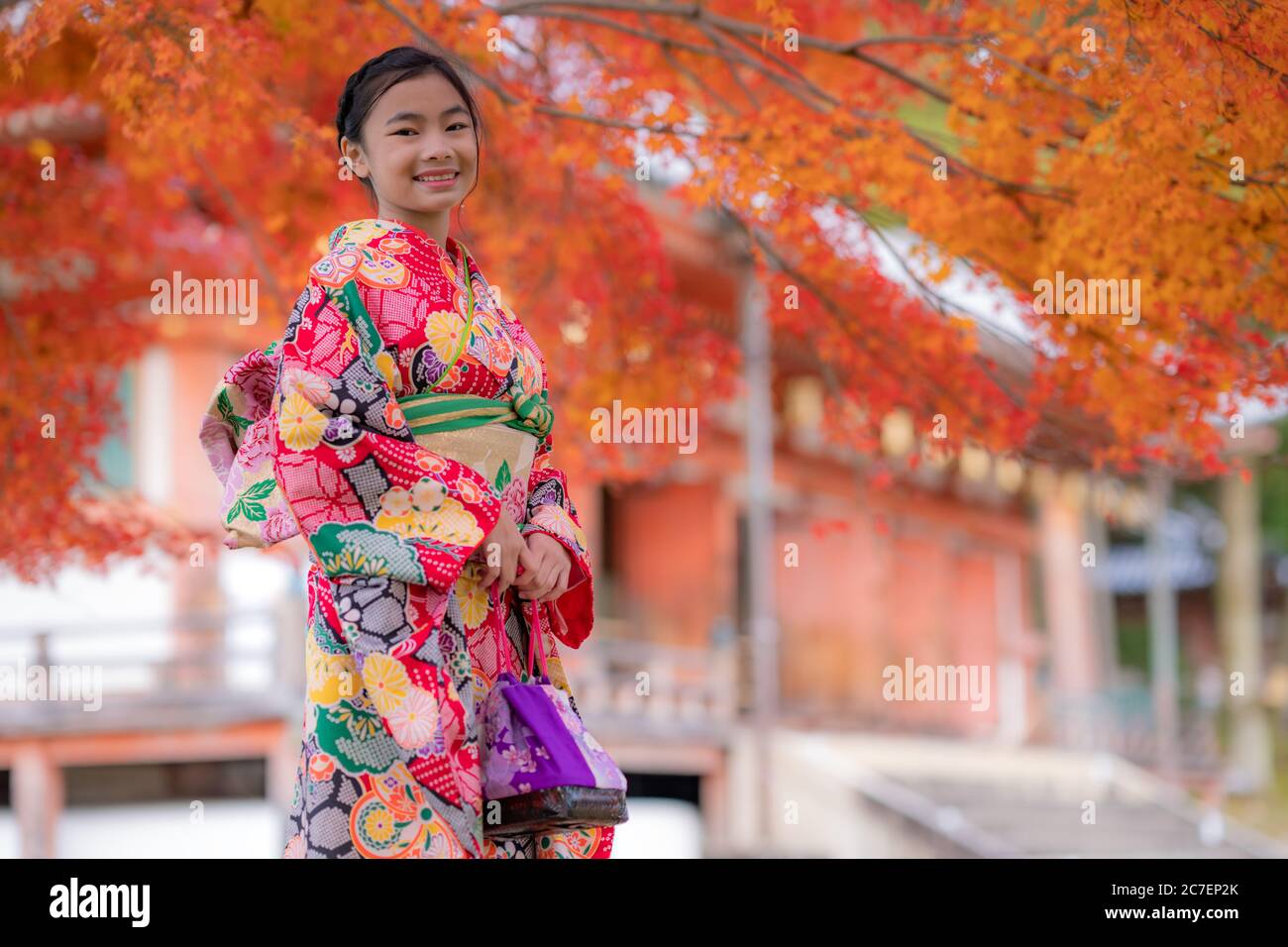 Schöne asiatische junge Frau in japanischen Kimono und roten Blättern in der Herbstsaison in Kyoto, Japan. Japan Tourismus, Natur Leben, oder Landschaft am meisten besucht Stockfoto