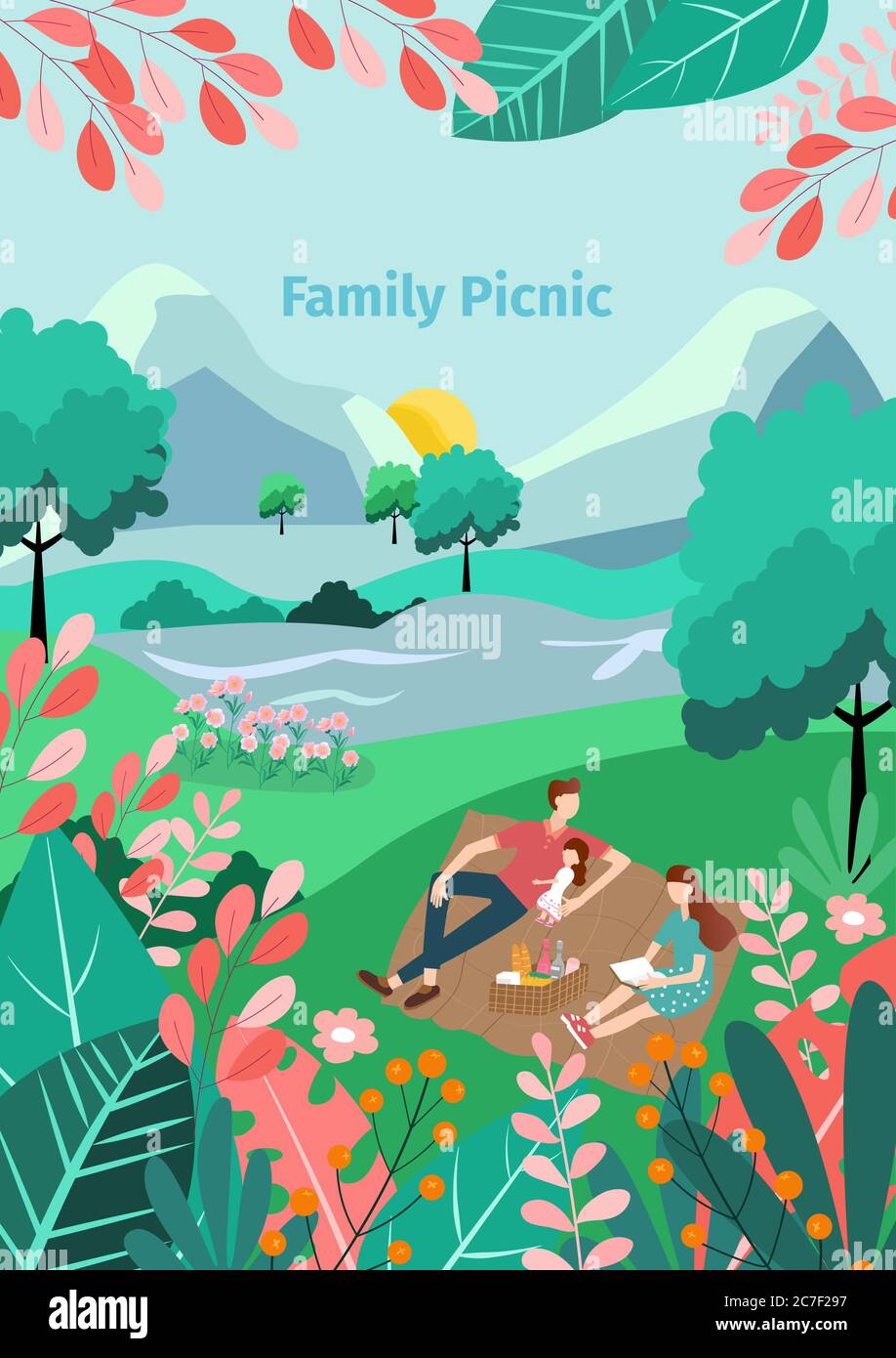 Illustration einer Familie im Garten, Happy Family im Freien im Park, Vektor natürlichen Hintergrund Stock Vektor