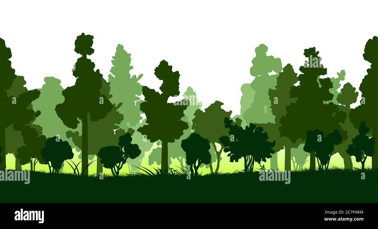 Wald Bäume isoliert Silhouette Vektor. Unterer Hintergrund. Grüne Laub- und Nadelpflanzen, saftiges Gras. Landschaft, Panorama ohne Himmel Stock Vektor