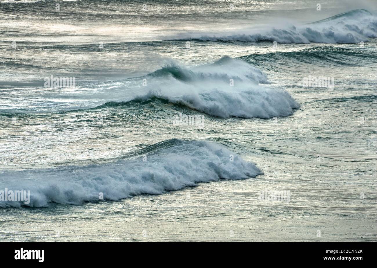 Starker Wellengang, Wellen brechen sich am Meer, Sandfly Bay, Dunedin, Otago Region, Otago Peninsula, Southland, Neuseeland Stockfoto