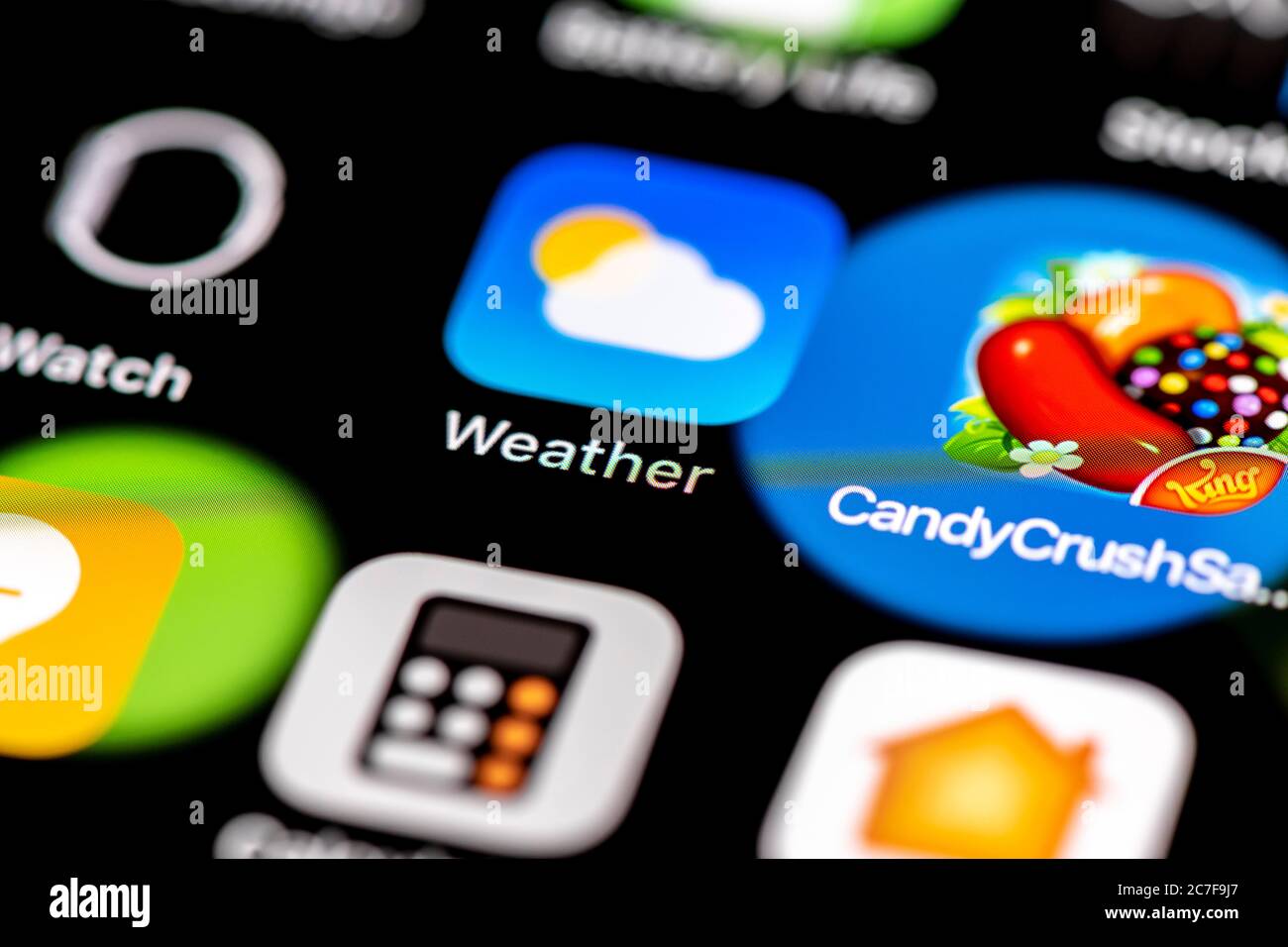 Wetter, Wetter-App, App-Symbole auf dem Display eines Mobiltelefons, iPhone, Smartphone, Nahaufnahme Stockfoto