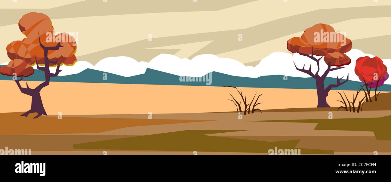 Natur, Landschaft. Vektor. Landschaft in Cartoon-flachen Comic-Stil. Herbstbäume, Horizont, Ferne, Felsen. Stock Vektor