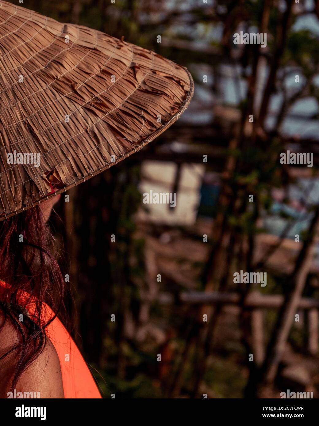 Mädchen in konischen vietnamesischen Hut Blick auf Garten Stockfoto