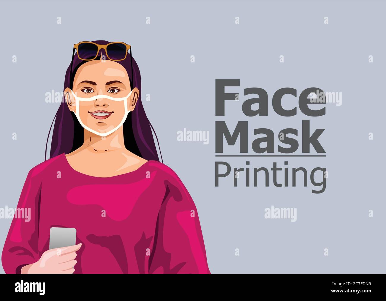 Gesichtsmaske. Drucken Sie das Designkonzept auf wiederverwendbare Gesichtsschutzmasken. Unterhaltung während Coronavirus Quarantäne. Frau trägt gedruckte Gesichtsmaske Stock Vektor
