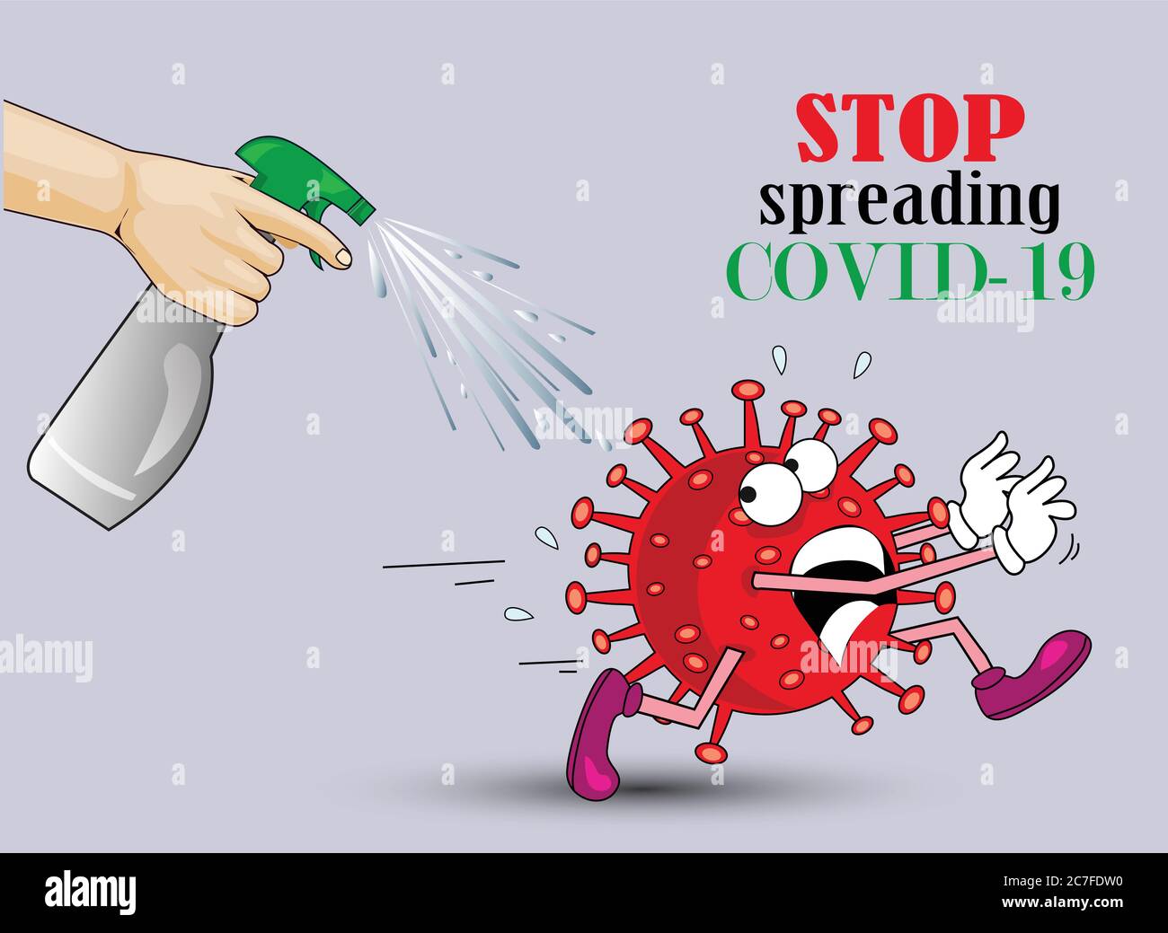 Roter Virus Charakter Angst vor Sprühen Desinfektionsmittel. Kampf Coronavirus mit der Gesundheitsversorgung. Hygiene, COVID-19, Coronavirus, Weltausbruch. Lustige Cartoon vec Stock Vektor