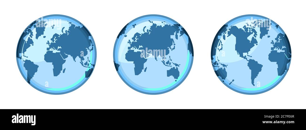 Planet Erde. Die Welt. Drei Möglichkeiten, die Karte umzudrehen: Eine Karte mit Europa und Afrika in der Mitte, eine Karte der östlichen Hemisphäre, eine Karte Stock Vektor