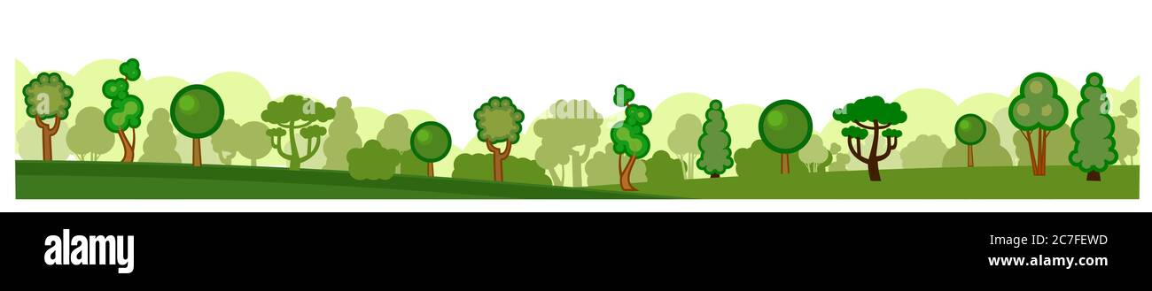 Morgenwald. Vektor. Hintergrundbild. Horizontal. Sonnenaufgang im Wald. Symbolische Cartoon flache Bäume. Isoliert auf weißem Hintergrund. Stock Vektor