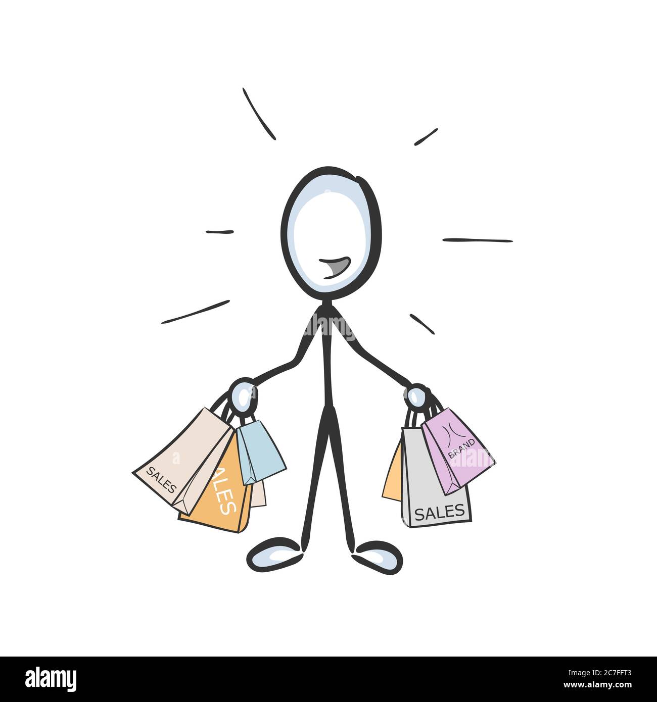 Verkaufserlöse. Vektor einfache shopaholic hält viele Marken Taschen. Kauf neuer Kleidung Leidenschaft. Stickman kein Gesicht Clipart Cartoon. Von Hand gezeichnet. Doodle Stock Vektor