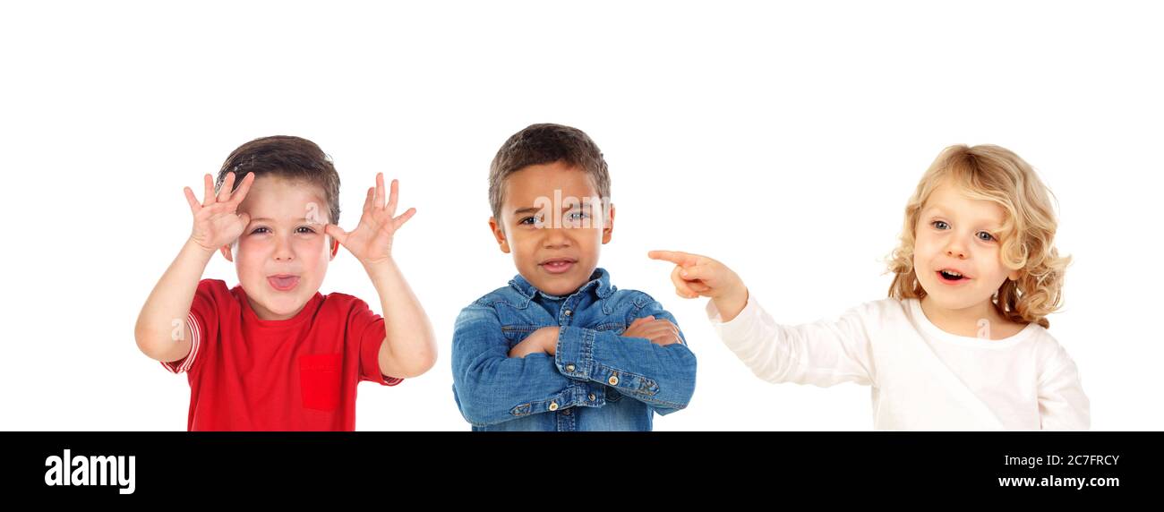 Kinder verhöhnend Klassenerziehung isoliert auf einem weißen Hintergrund Stockfoto