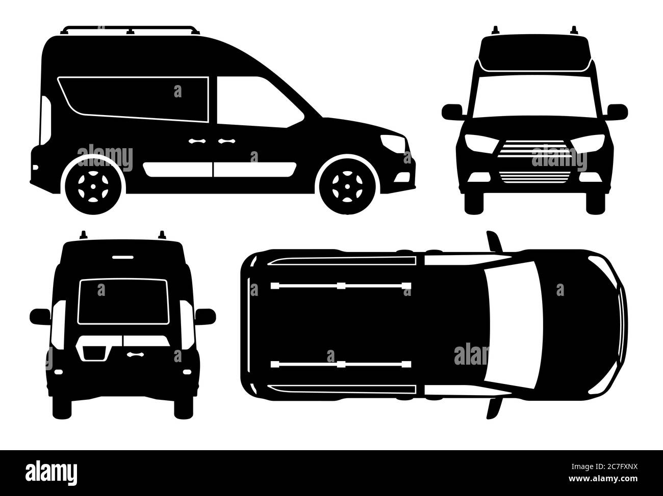 Minivan Silhouette auf weißem Hintergrund. Fahrzeugsymbole stellen die Ansicht von der Seite, von vorne, von hinten und von oben ein Stock Vektor