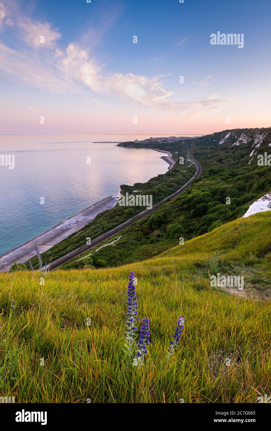 Ein Blick entlang der Klippen an der Kent Küste bei Capel-le-Ferne in Richtung Folkestone. Stockfoto