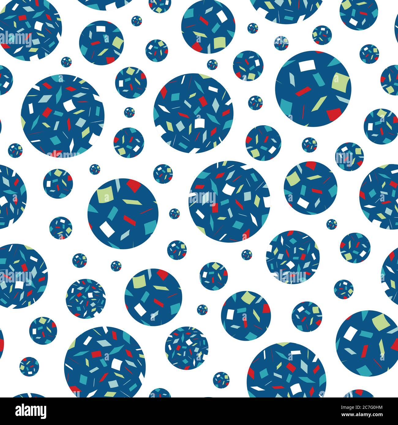Vektor Terrazzo Stil Kreise verstreut nahtlose Vektor Muster Hintergrund. Abstrakte unregelmäßige feine Mosaik Scherbe Kugeln blau weiß, rote Hintergrund Stock Vektor