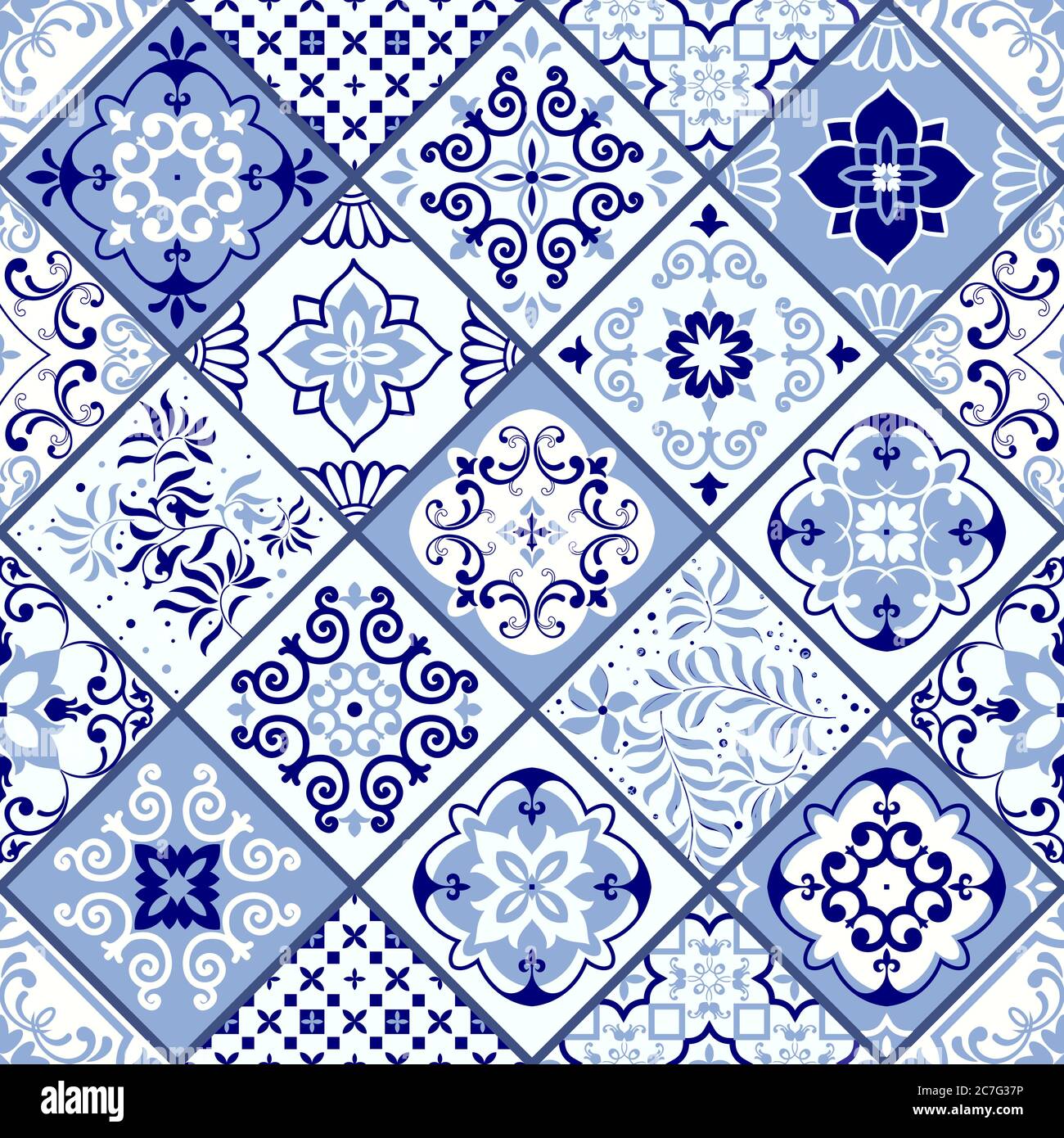 Nahtlos buntes Patchwork im türkischen Stil. Handgezeichneter Hintergrund. Azulejos Fliesen Patchwork. Einrichtung in portugiesischer und spanischer Sprache. Arabisches, indisches, Ottomane-Motiv. Stock Vektor