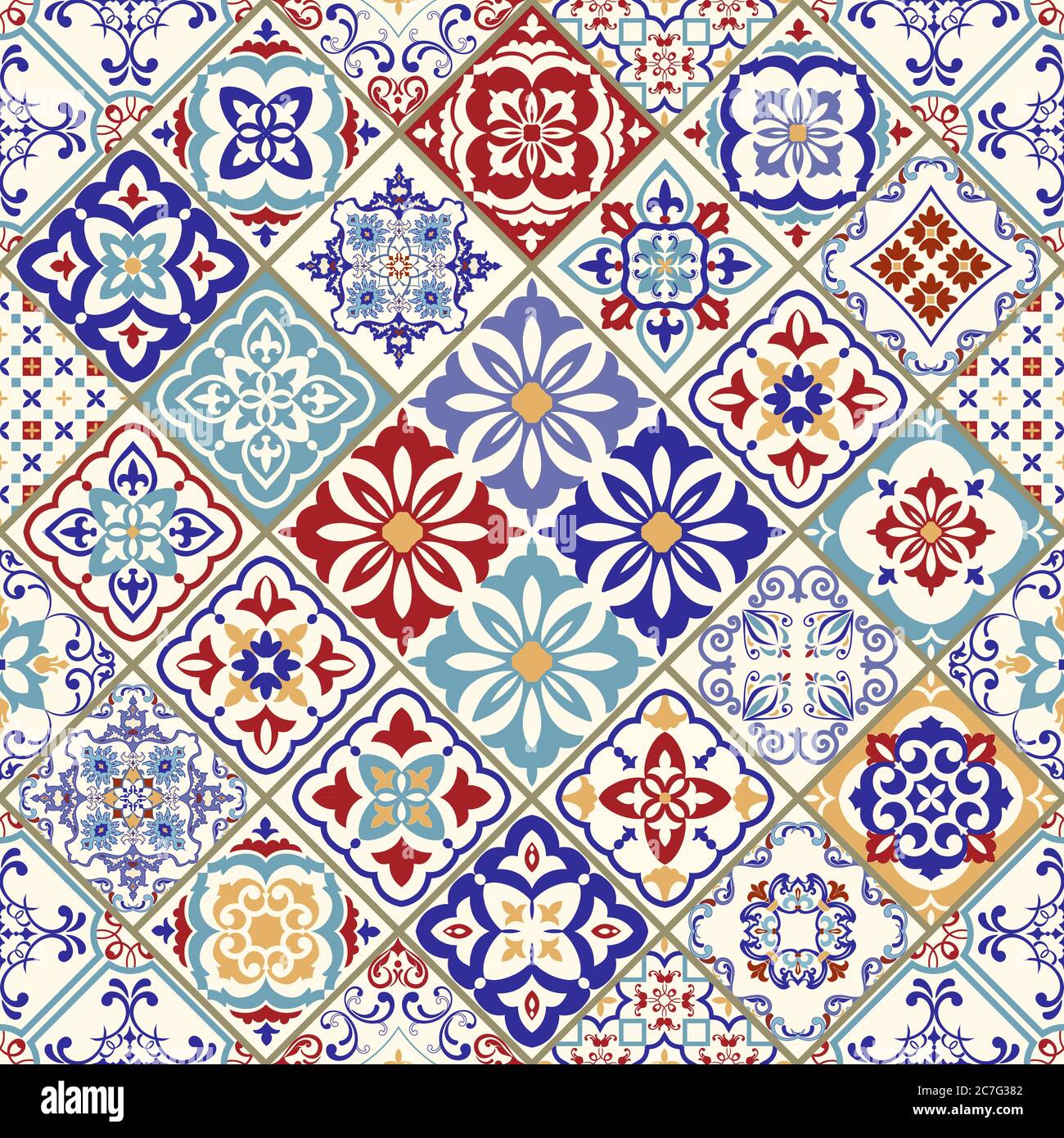 Nahtlos buntes Patchwork im türkischen Stil. Handgezeichneter Hintergrund. Azulejos Fliesen Patchwork. Einrichtung in portugiesischer und spanischer Sprache. Arabisches, indisches, Ottomane-Motiv. Stock Vektor