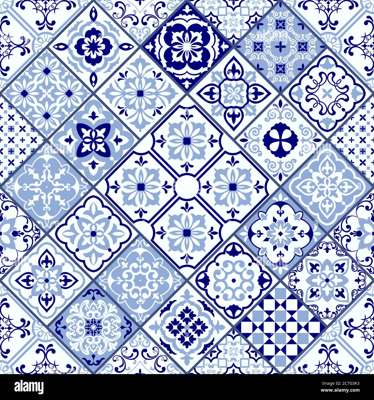 Nahtlos buntes Patchwork im türkischen Stil. Handgezeichneter Hintergrund. Azulejos Fliesen Patchwork. Einrichtung in portugiesischer und spanischer Sprache. Arabisches, indisches, Ottomane-Motiv. Stock Vektor