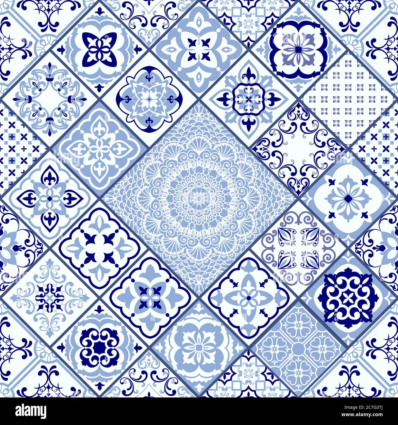 Nahtlose Patchwork-Fliese mit viktorianischen Motiven. Majolika-Keramikfliesen, blaue und weiße Azulejo, original traditionelle portugiesische und spanische Einrichtung. Vektor Stock Vektor
