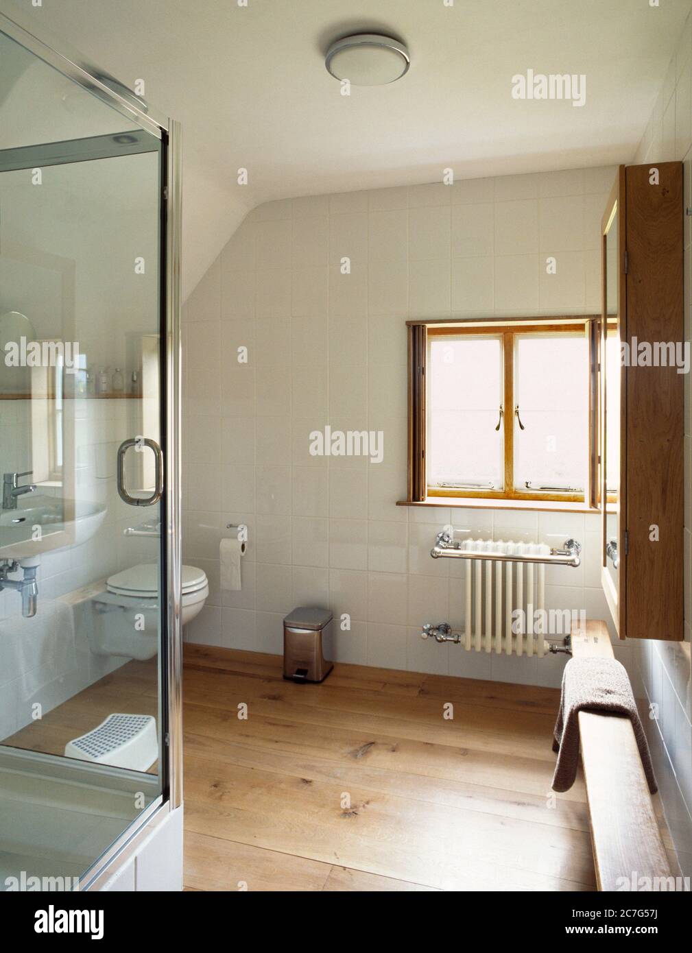 Ein modernes Badezimmer in einem traditionellen reetgedeckten Holzhaus in Norfolk Stockfoto