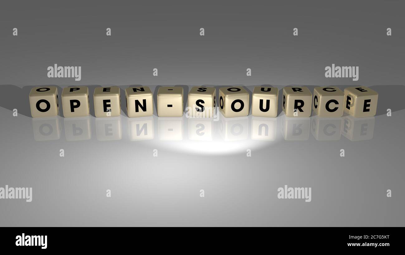 3D-Grafik von Open-Source vertikal zusammen mit Text aus metallischen kubischen Buchstaben aus der oberen Perspektive, hervorragend für die Konzept-Präsentation und Diashows Stockfoto