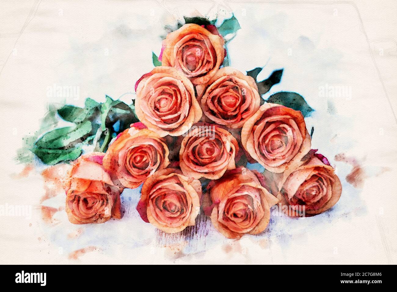 Strauß oranger Rosen in Aquarellen Stockfoto