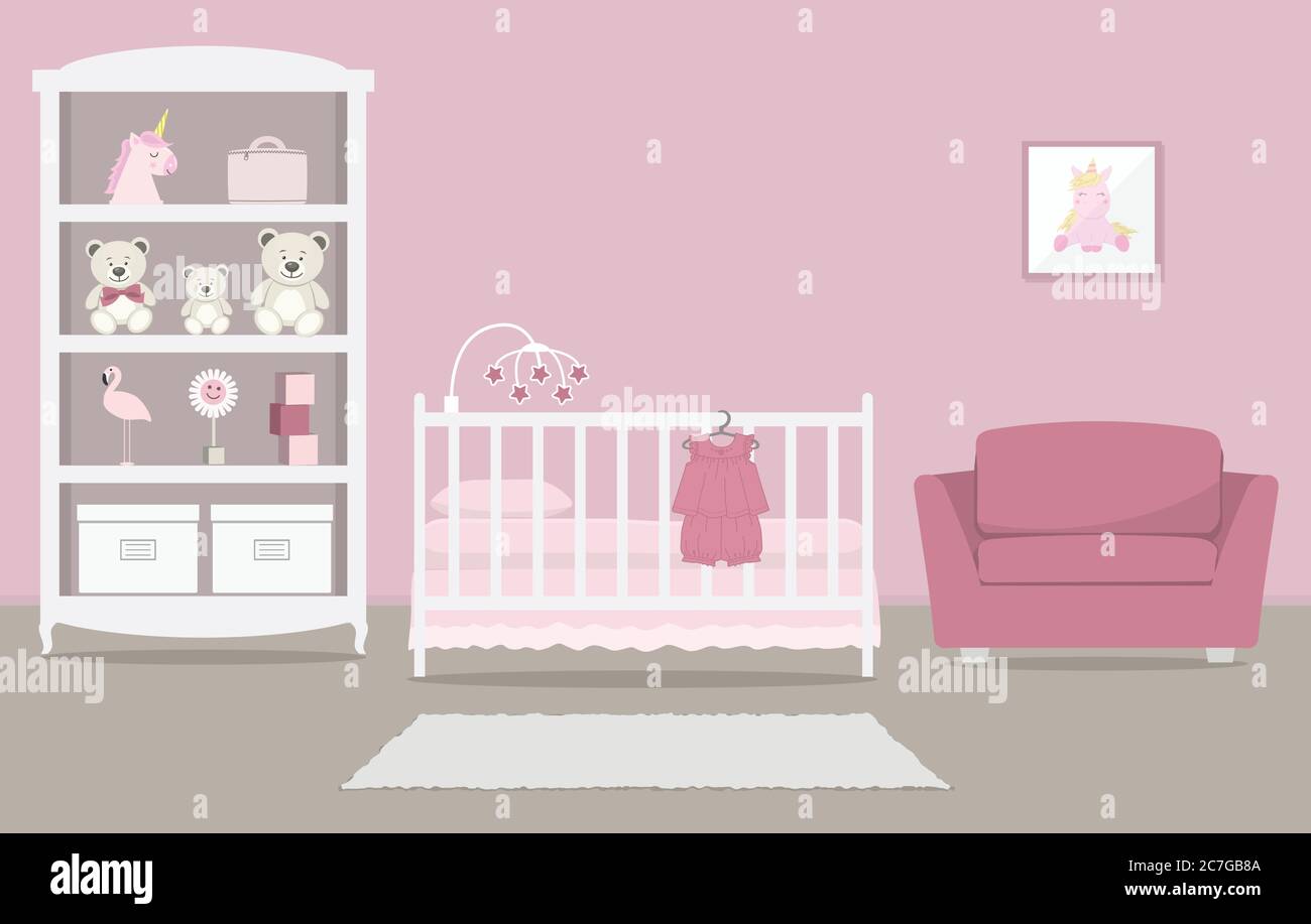 Kinderzimmer für ein neugeborenes Baby. Schlafzimmer für ein Baby in rosa  Farbe. Es gibt ein Kinderbett, einen Kleiderschrank mit Spielzeug, Sessel,  Babykleidung Stock-Vektorgrafik - Alamy