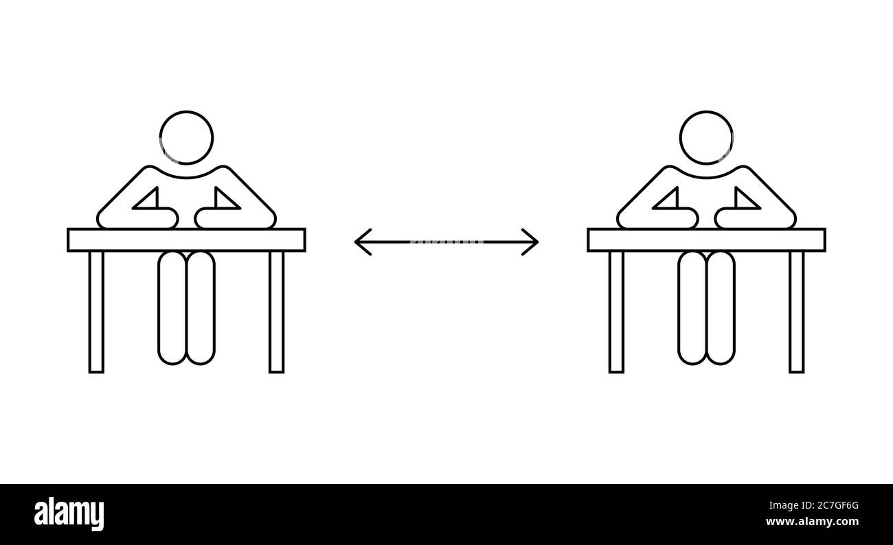 Zwei Studenten studieren in der öffentlichen Bibliothek halten soziale Distanz. Öffnen Sie das College- oder Universitätskonzept erneut. Neue normale. Symbol für die man-Linie des Sticks. Vektor Stock Vektor