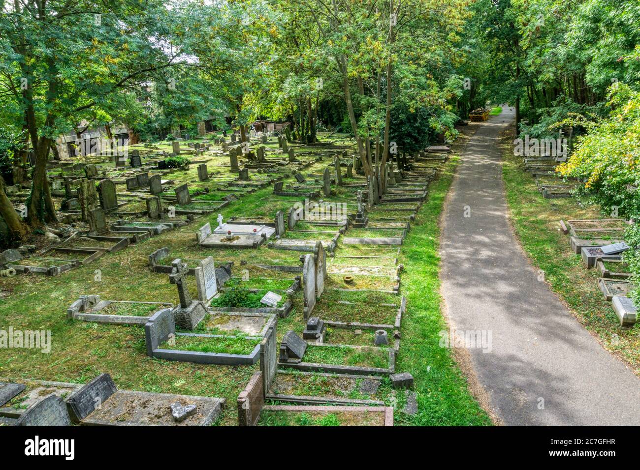 Ein Weg durch den Highgate Friedhof im Norden Londons. Stockfoto
