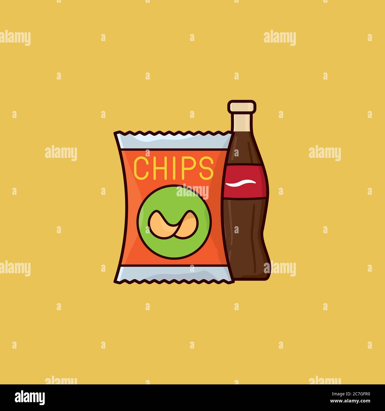 Vektorgrafik für Kartoffelchips und Softdrink-Flaschen zum Junk Food Day am 21. Juli. Ungesunde Ernährung Symbol. Stock Vektor