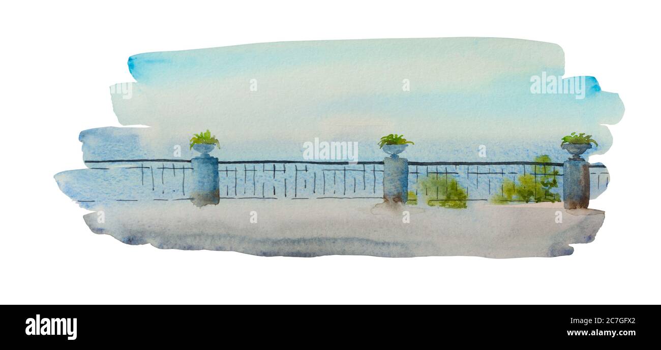 Sipmle Aquarell Hintergrund des Meeres Böschung mit Geländern. Handbemalte abstrakte Sommerlandschaft isoliert auf weißem Hintergrund Stockfoto