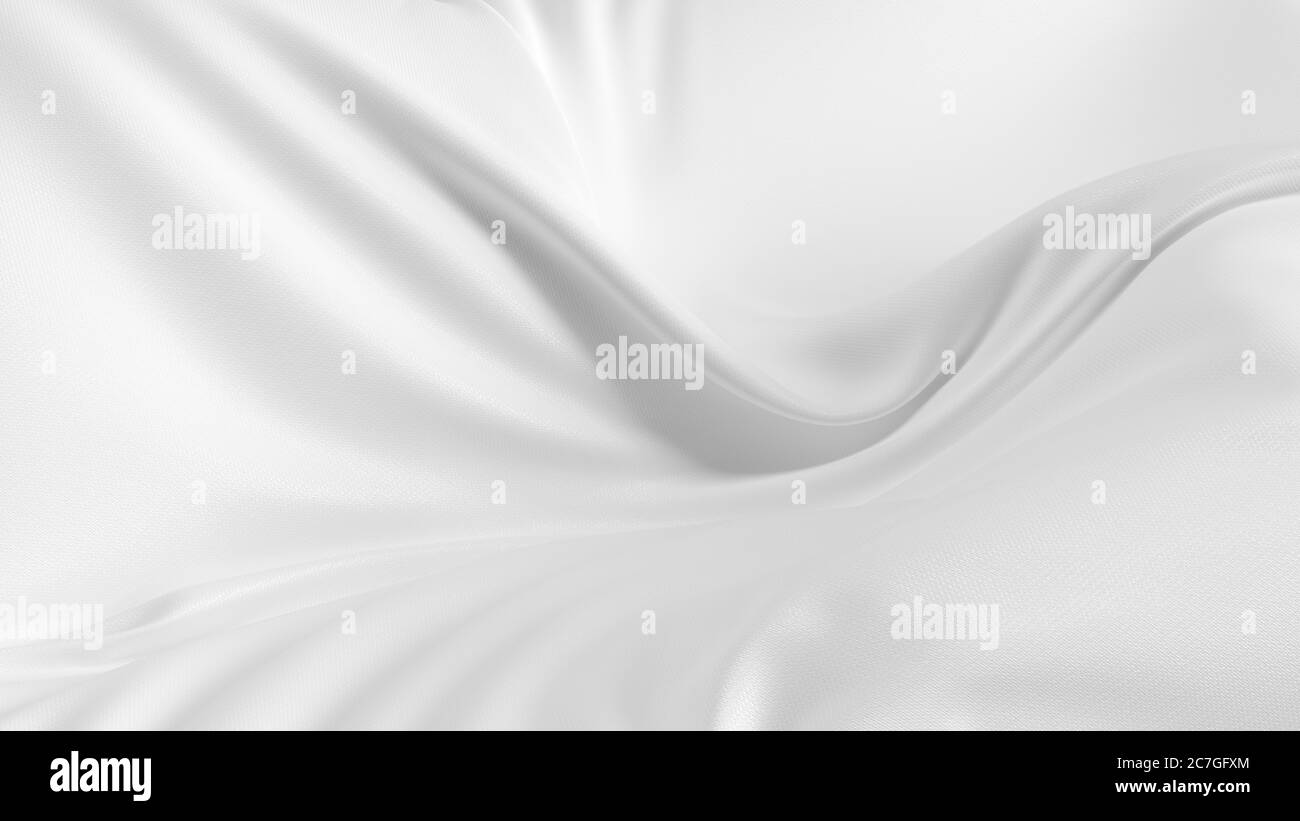 Gewellter abstrakter weißer Seidenstoff Hintergrund. Weißer Stoffhintergrund mit glatten Linien. Seidenmatt, hautnah mit Falten und Wellen. 3d-Rendering. Stockfoto