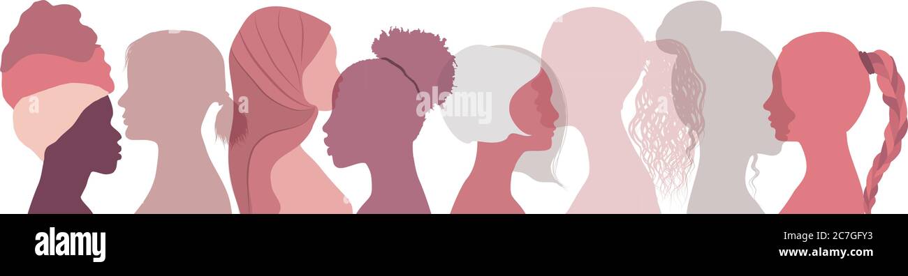 Silhouette Gruppe von multiethnischen Frauen, die reden und Ideen und Informationen austauschen. Soziale Netzwerk weibliche Gemeinschaft. Kommunikation und Freundschaft Frauen Stock Vektor