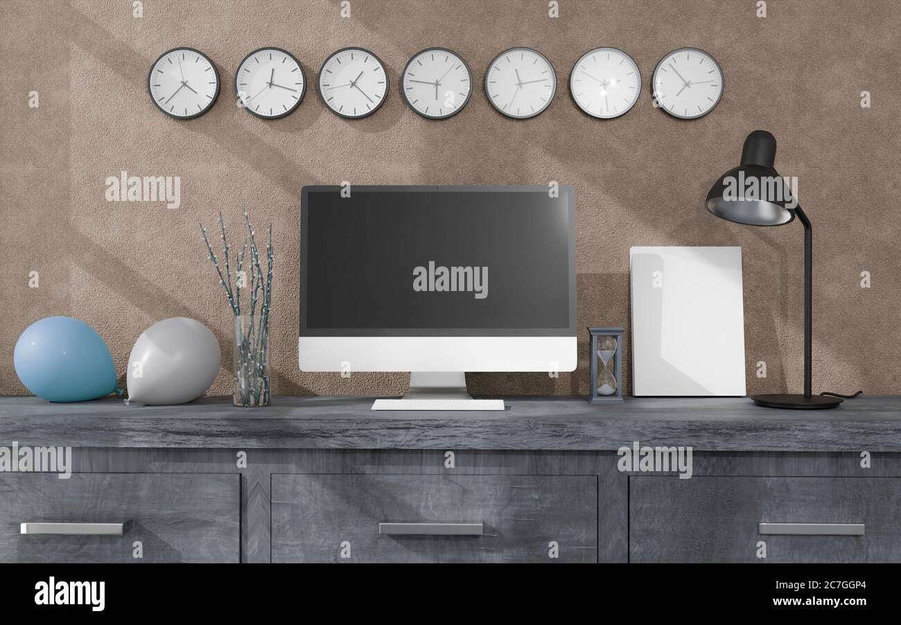 Arbeitsplatz zu Hause mit einem Desktop-Computer 3d-Rendering mockup.Modern Technologie Konzept . 3d-Illustration Stockfoto