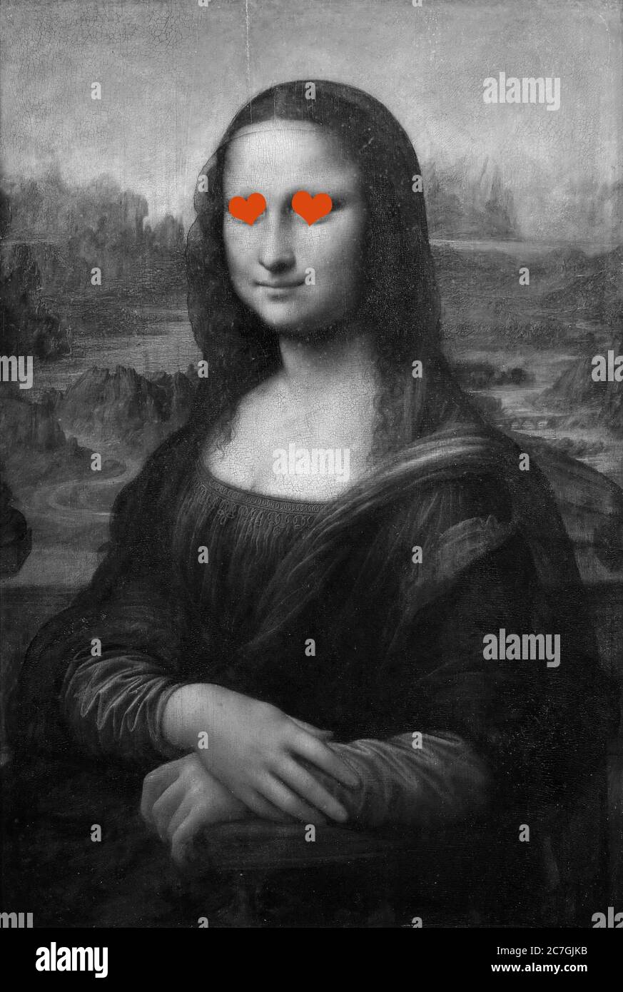 Modifizierte Mona Lisa von Leonardo mit Herzen bedeckt ihre Augen, Aneignungskunst Stockfoto