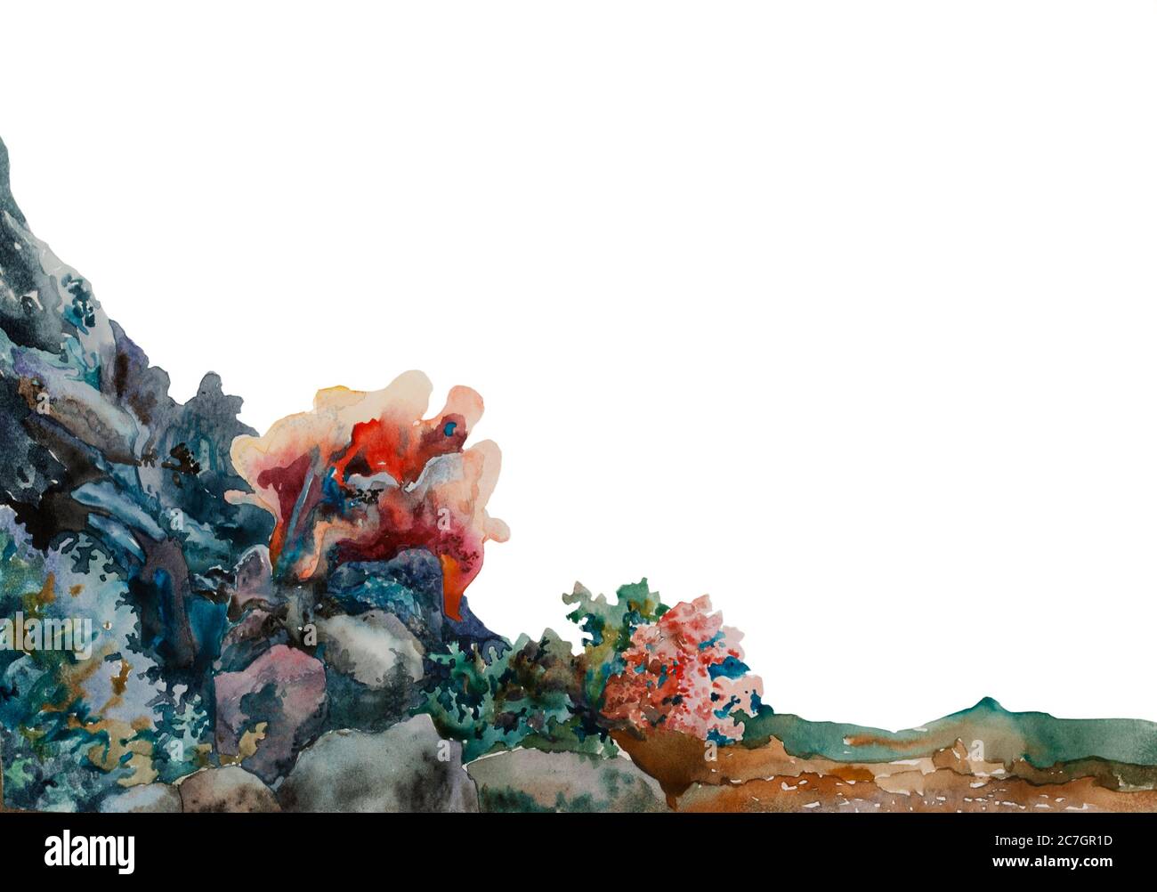 Aquarell Meeresboden mit Felsen und Korallen in einem Riff bunte Unterwasserlandschaft isoliert für Hintergrund. Original-Illustration der Unterwasserwelt Stockfoto