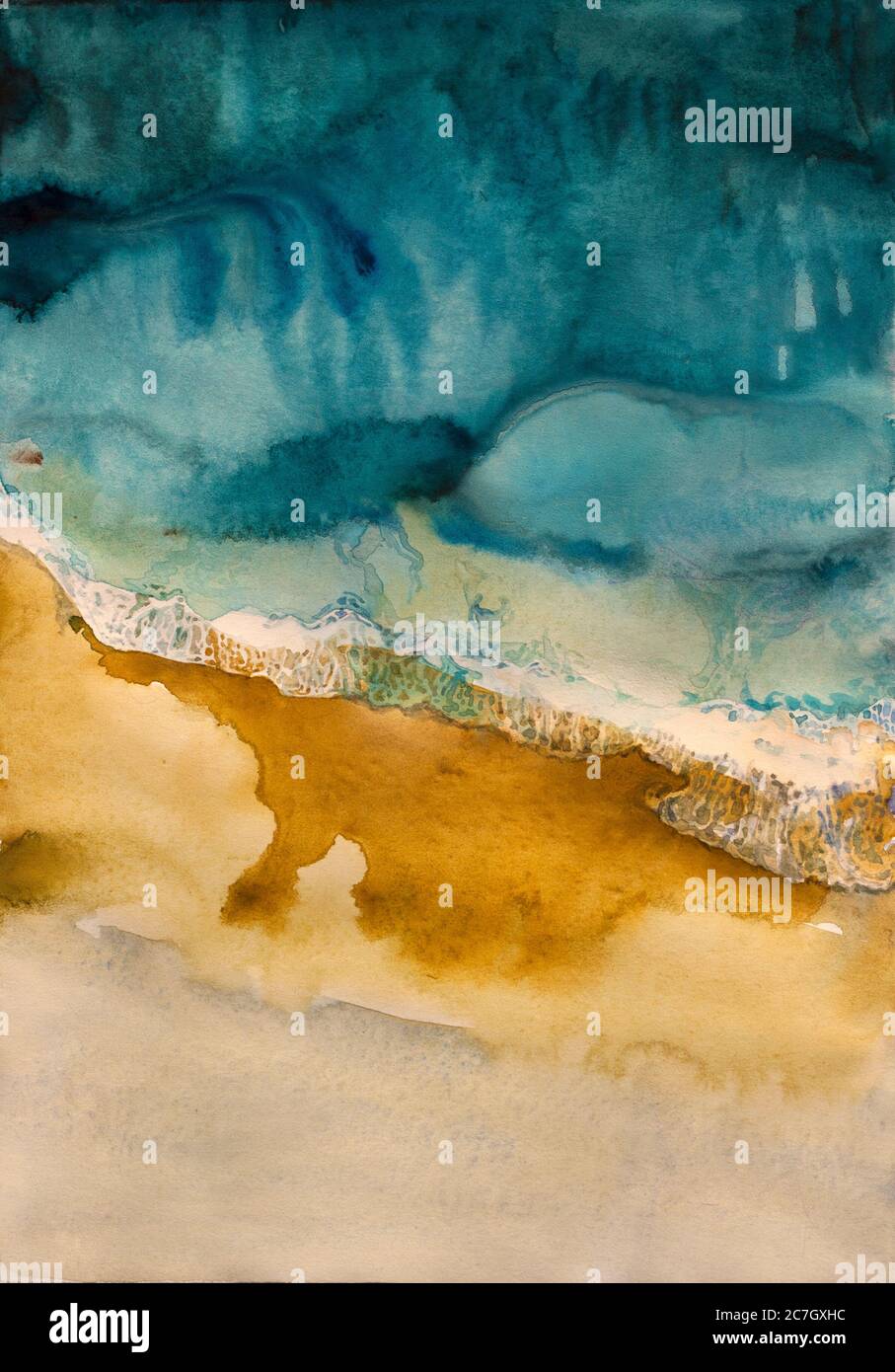 Aquarell lebendige Malerei Meeresküste von oben, mit türkisfarbenem Meerwasser und nassen ockerfarbenen Sand treffen in der Mitte Stockfoto