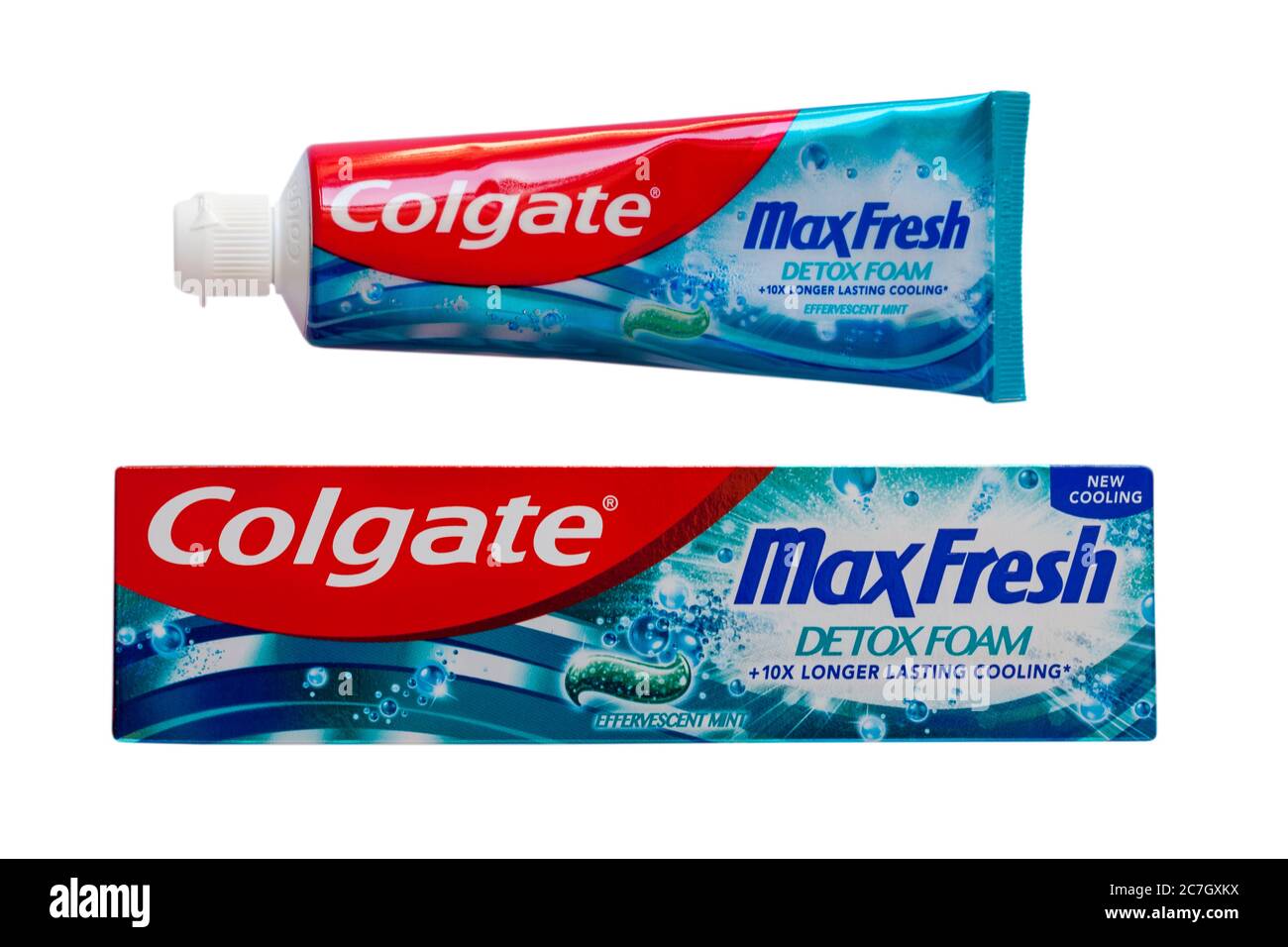 Box Colgate MaxFresh Detox Foam, Colgate MaxFresh Detox Foam, mit Tube Zahnpasta entfernt isoliert auf weißem Hintergrund - Brauseminze Stockfoto