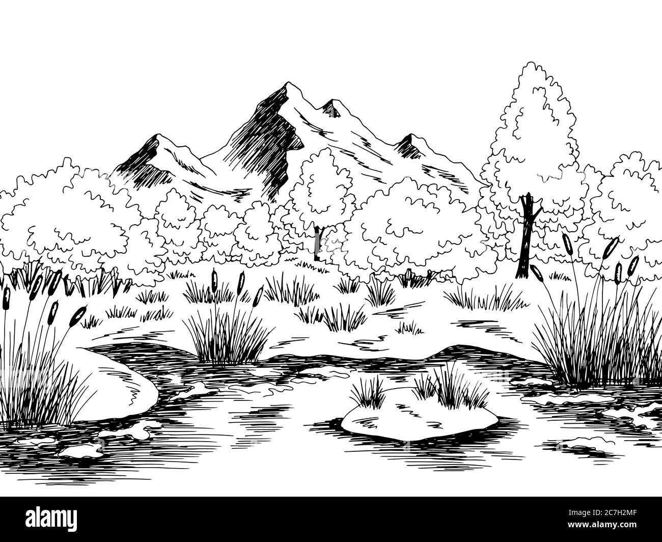 Moor Sumpf Grafik schwarz weiß Landschaft Skizze Illustration Vektor Stock Vektor