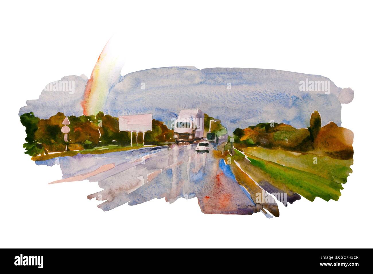 Aquarelllandschaft mit herbstlicher Straße nach dem Regen, Regenbogen und einigen Autos und Lieferwagen unterwegs. Ursprünglicher Hintergrund für den Transport Stockfoto