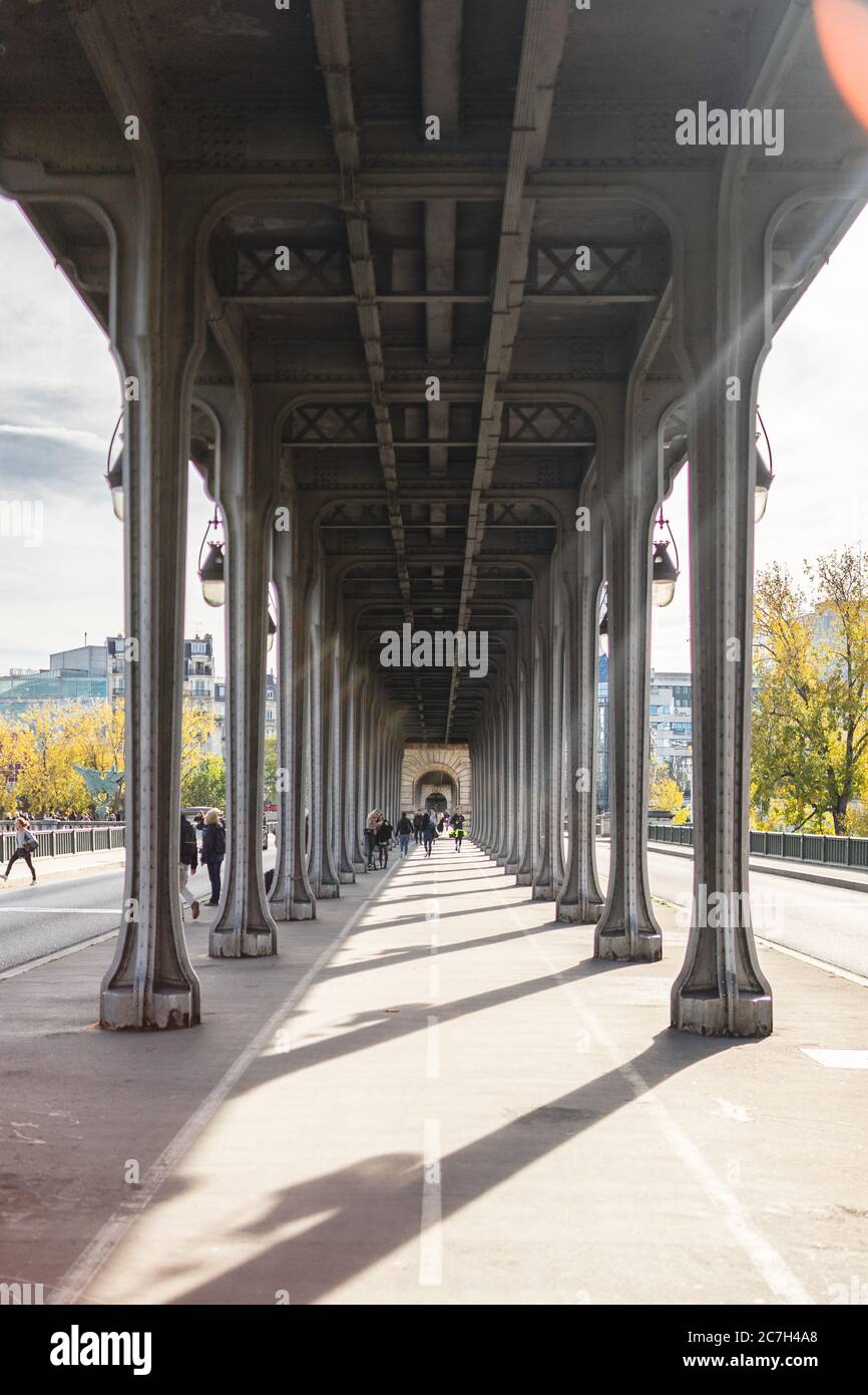 Pont de Bir-Hakeim Brücke umgeben von viel Grün unter Sonnenlicht in Paris in Frankreich Stockfoto